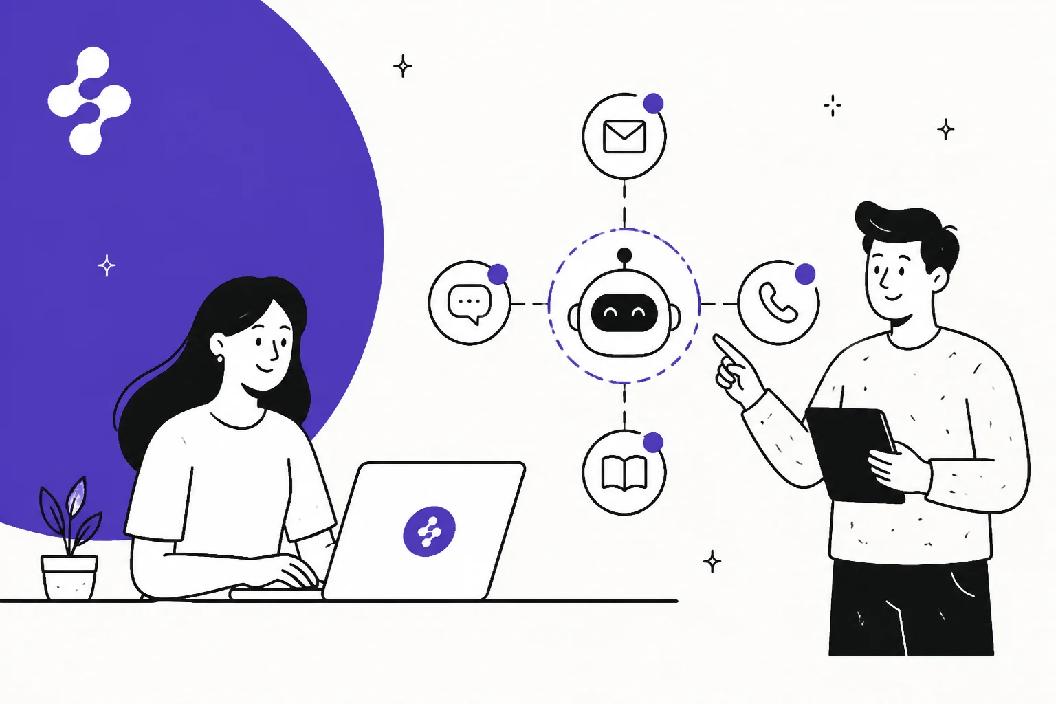 Two colleagues and an AI agent handling questions across email, chat, phone and documentation, drawn in Enjo's violet brand colour