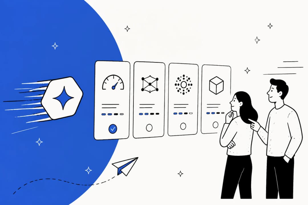Illustration de modèles d'IA rapides et abordables alignés comme alternatives à Google Gemini 3.8 Flash