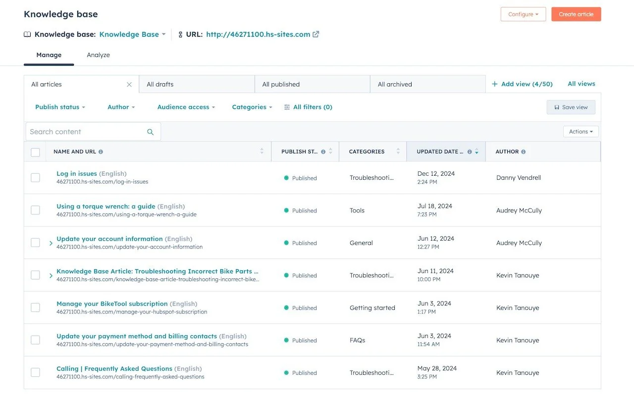 HubSpot's knowledge base management screen, the content source that feeds the Breeze customer agent