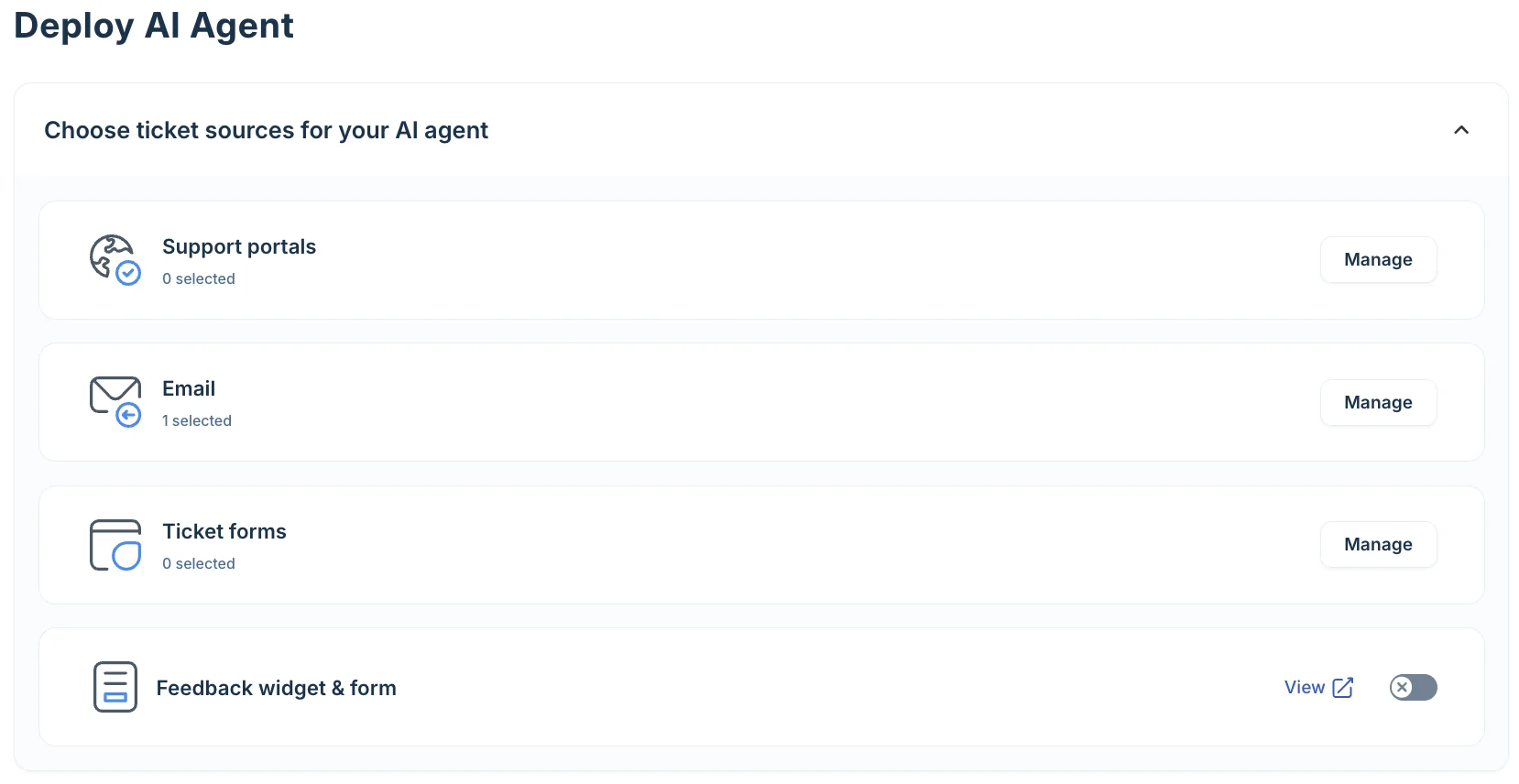 Freshdesk's Deploy AI Agent panel, choosing which ticket sources the agent runs on