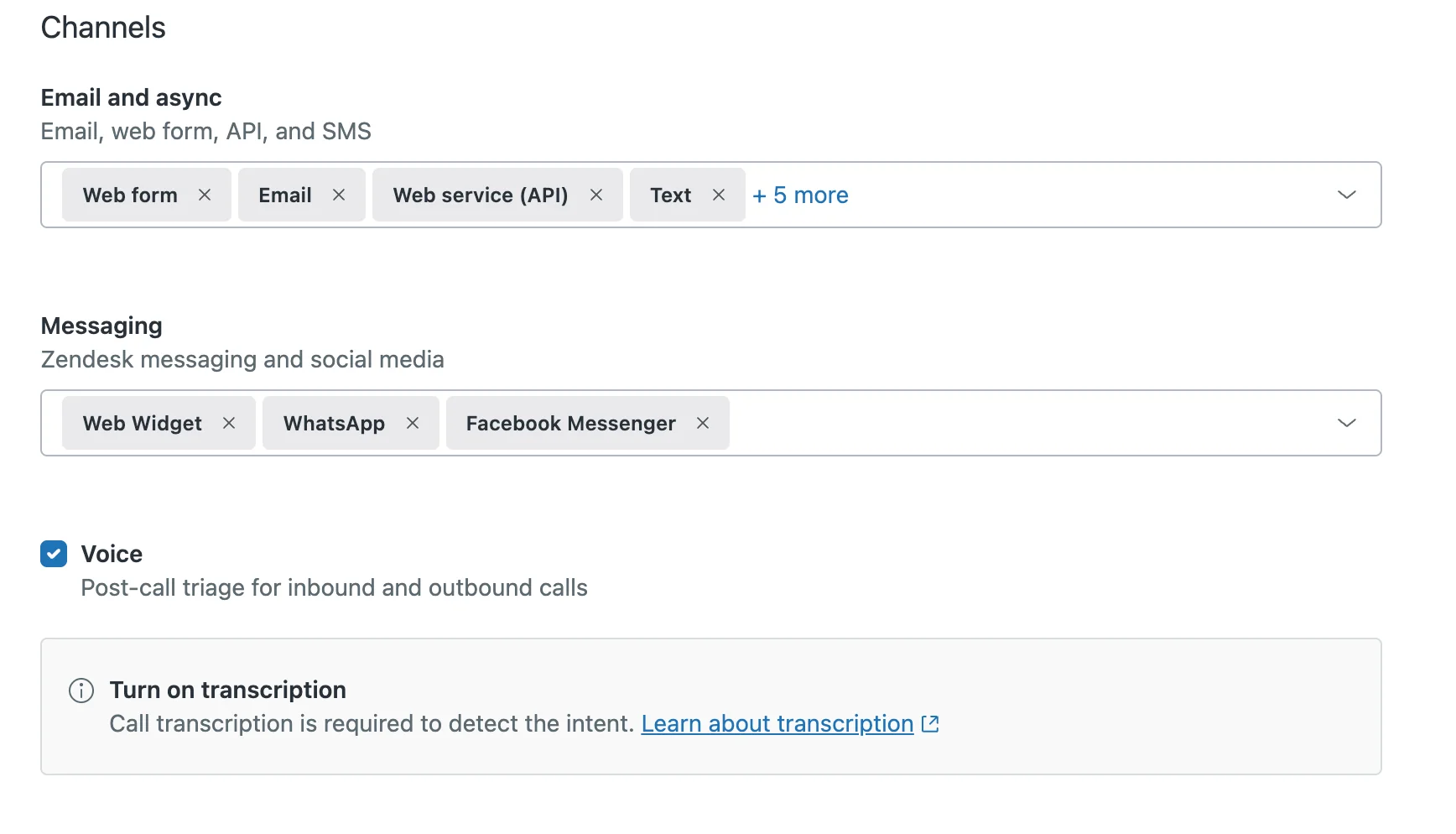 Zendesk intelligent triage channel settings, with email, messaging and voice channels enabled for automatic intent detection