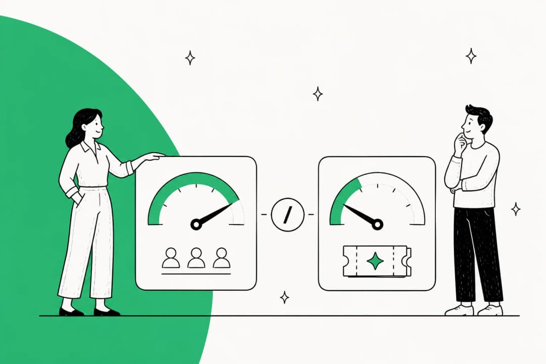 Two pricing meters side by side, one measuring agent seats and one measuring tickets, in green line-art