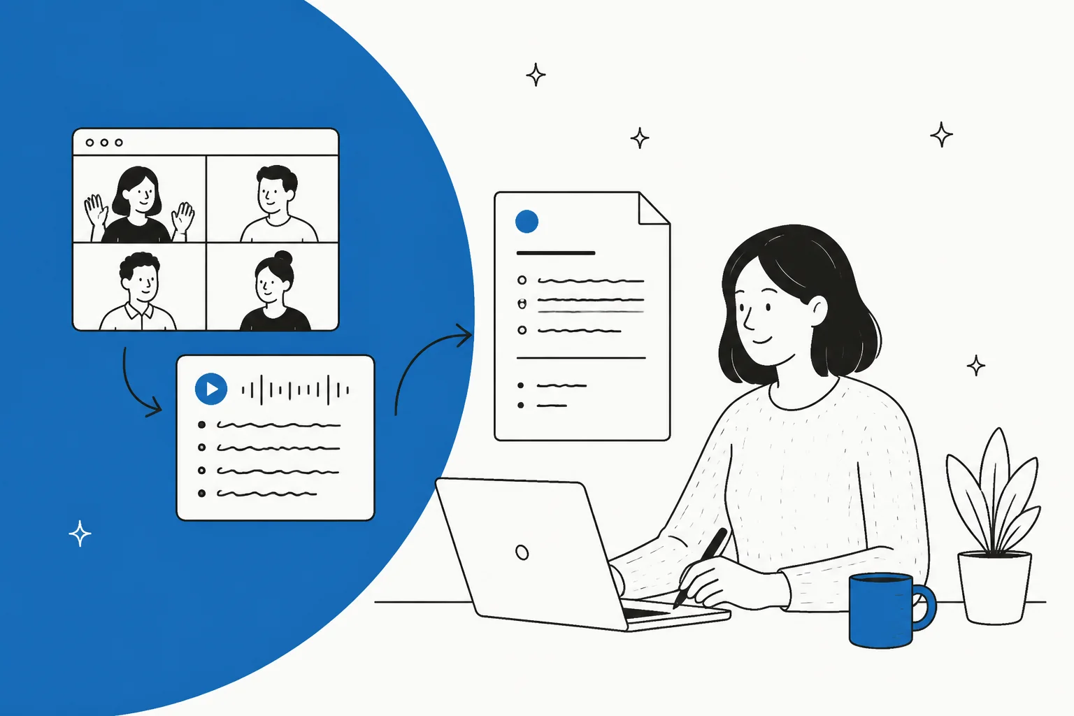 A person after a video call, watching a transcript turn into a finished document