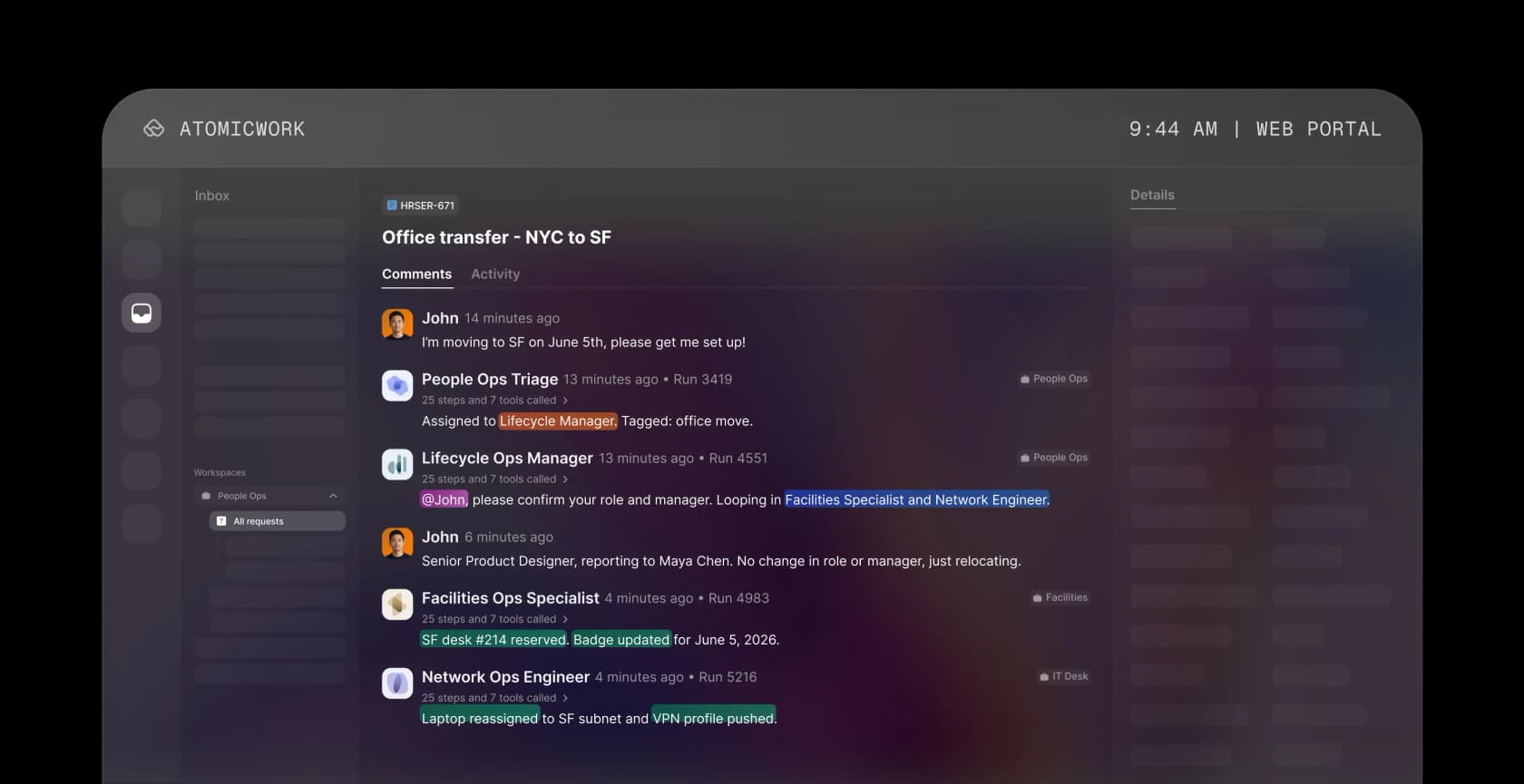 Atomicwork portal showing a request thread where triage, lifecycle, facilities and network AI agents each log a run with step and tool counts