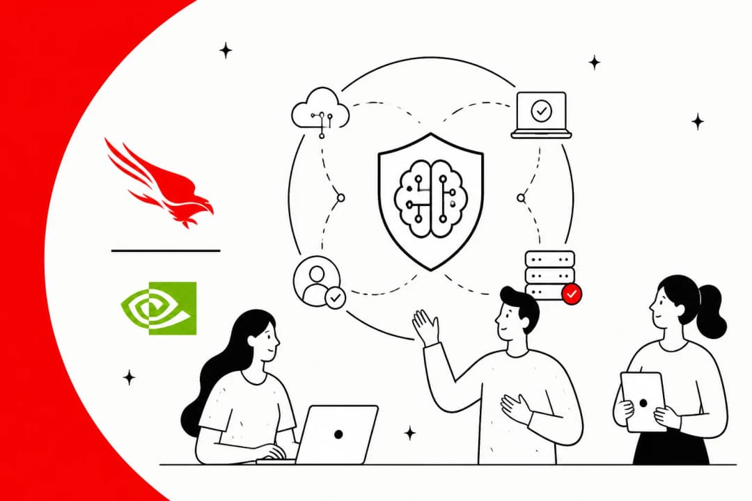CrowdStrike and NVIDIA logos beside an AI-in-shield node linking cloud, laptop and server icons