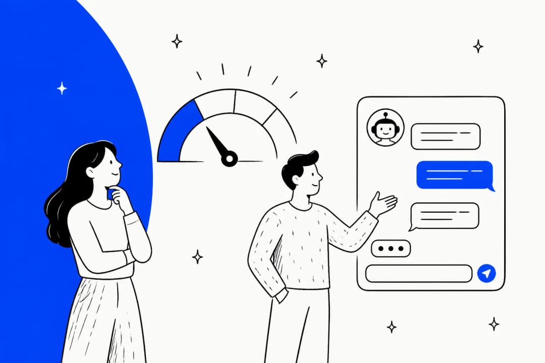 Two people looking at a usage meter beside a chat widget, illustrating how AI support platforms bill
