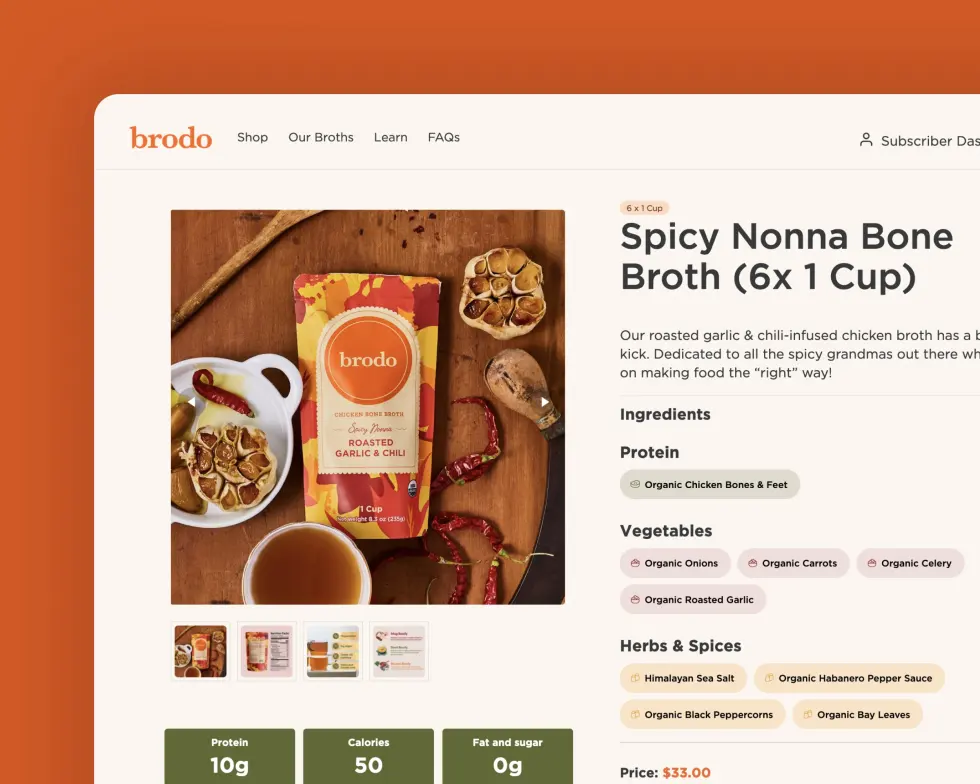 A Brodo Broth Company product page built on WooCommerce, showing a real merchant storefront, as taken from WooCommerce