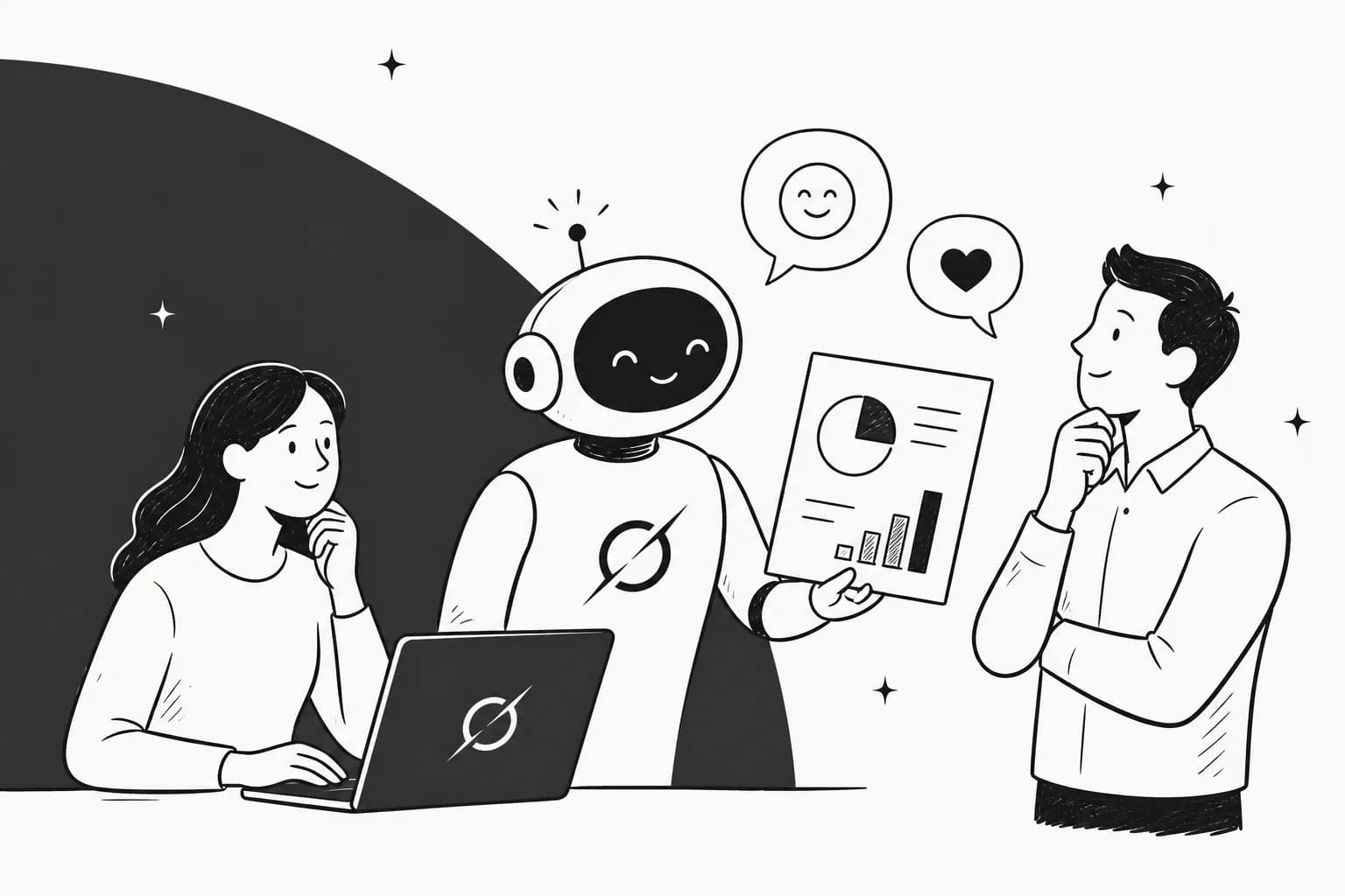 Illustration of a bot reading a stack of customer feedback on a screen