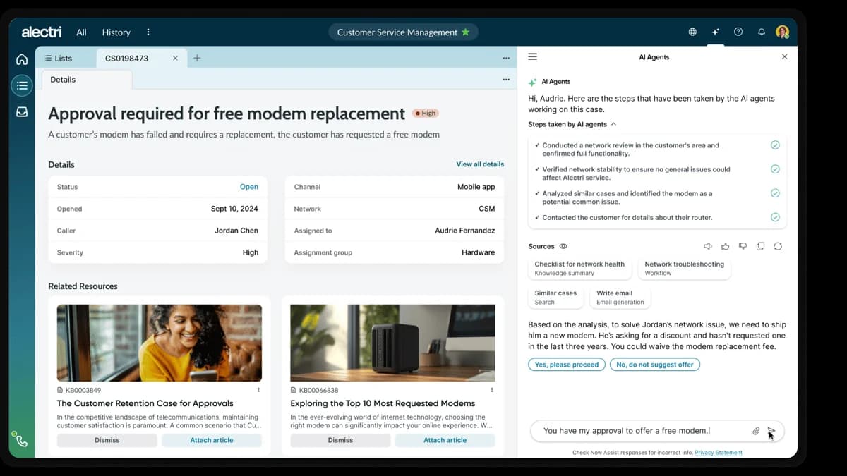 ServiceNow AI agent supporting an IT incident inside the ITSM workflow, as taken from ServiceNow