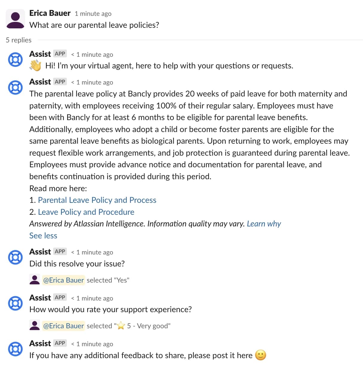 The Jira Service Management virtual agent answering a policy question inside a Slack thread, with the reply marked "Answered by Atlassian Intelligence", as taken from Atlassian's support docs