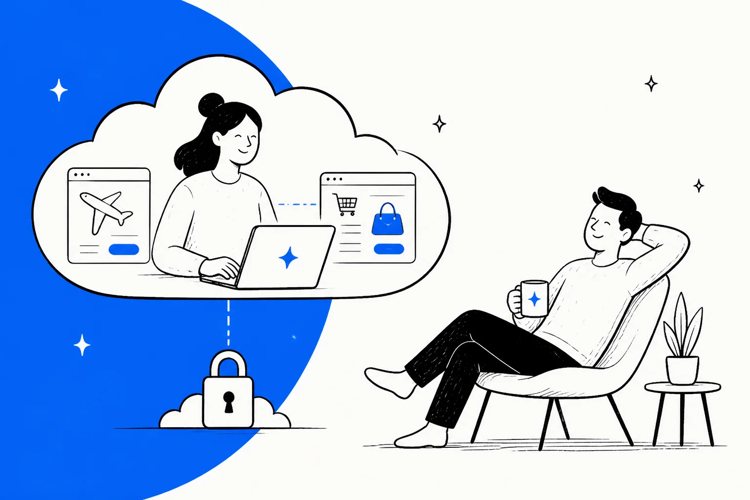 Illustrated hero banner for a Meta Muse review, showing a personal AI agent working inside a secure cloud VM on travel and shopping while its owner relaxes