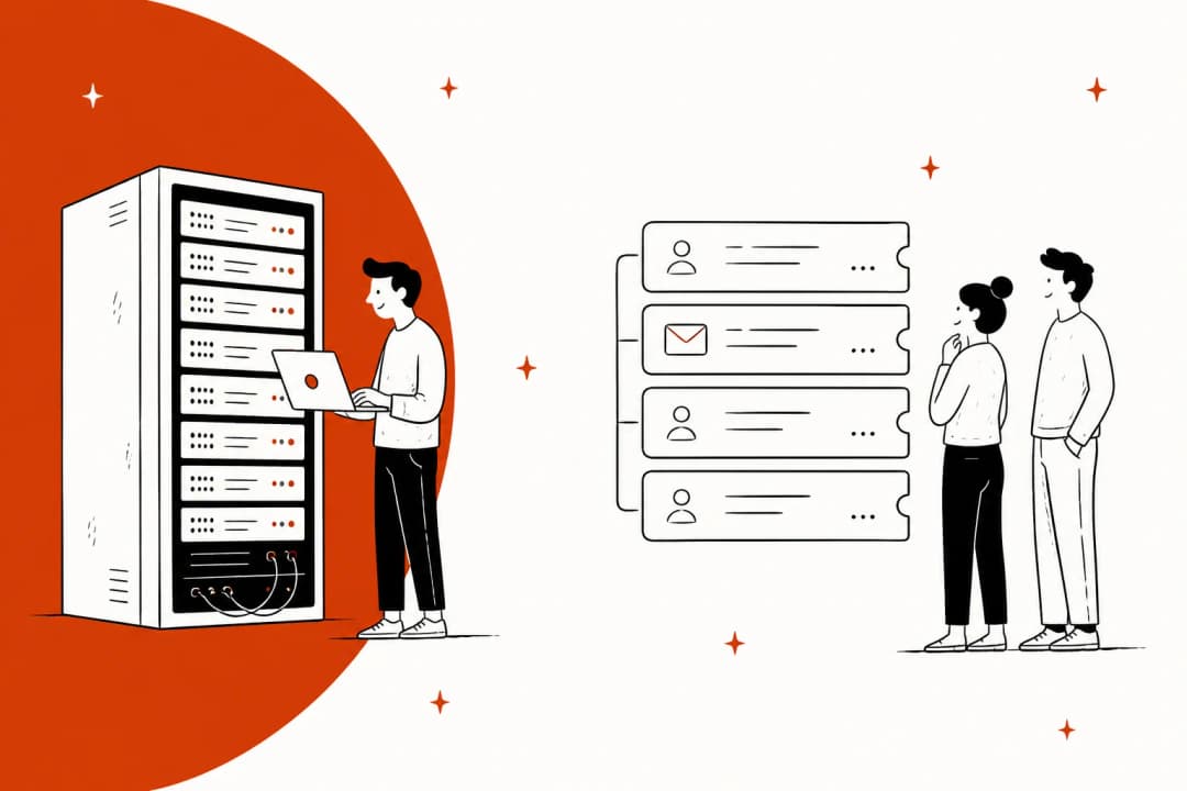 Illustration of a server rack feeding a queue of support tickets, representing self-hosted open source helpdesk software