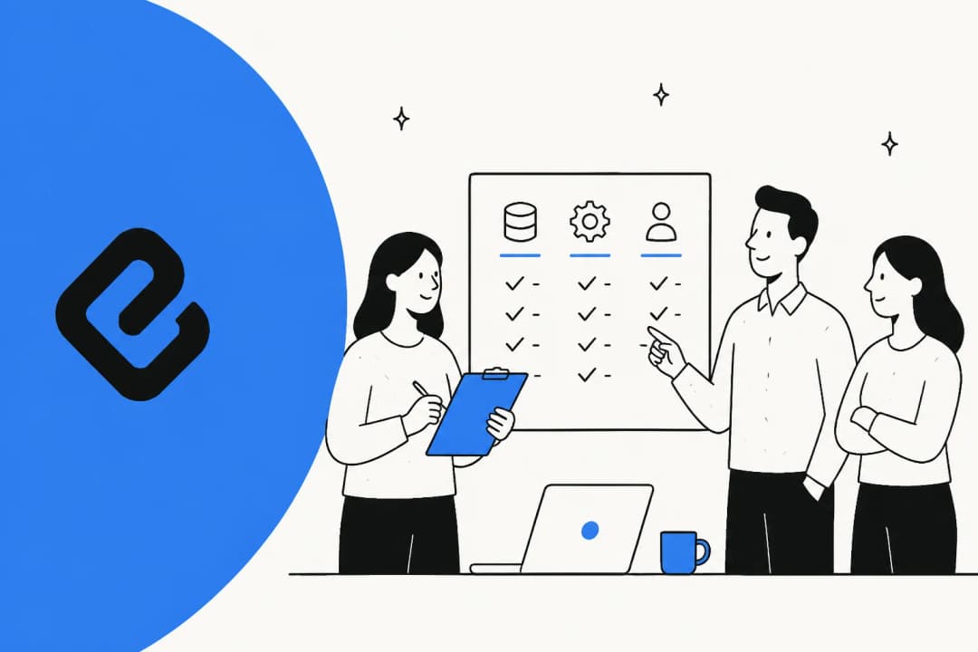 Illustration of a team reviewing a data and settings checklist next to the Elementum logo