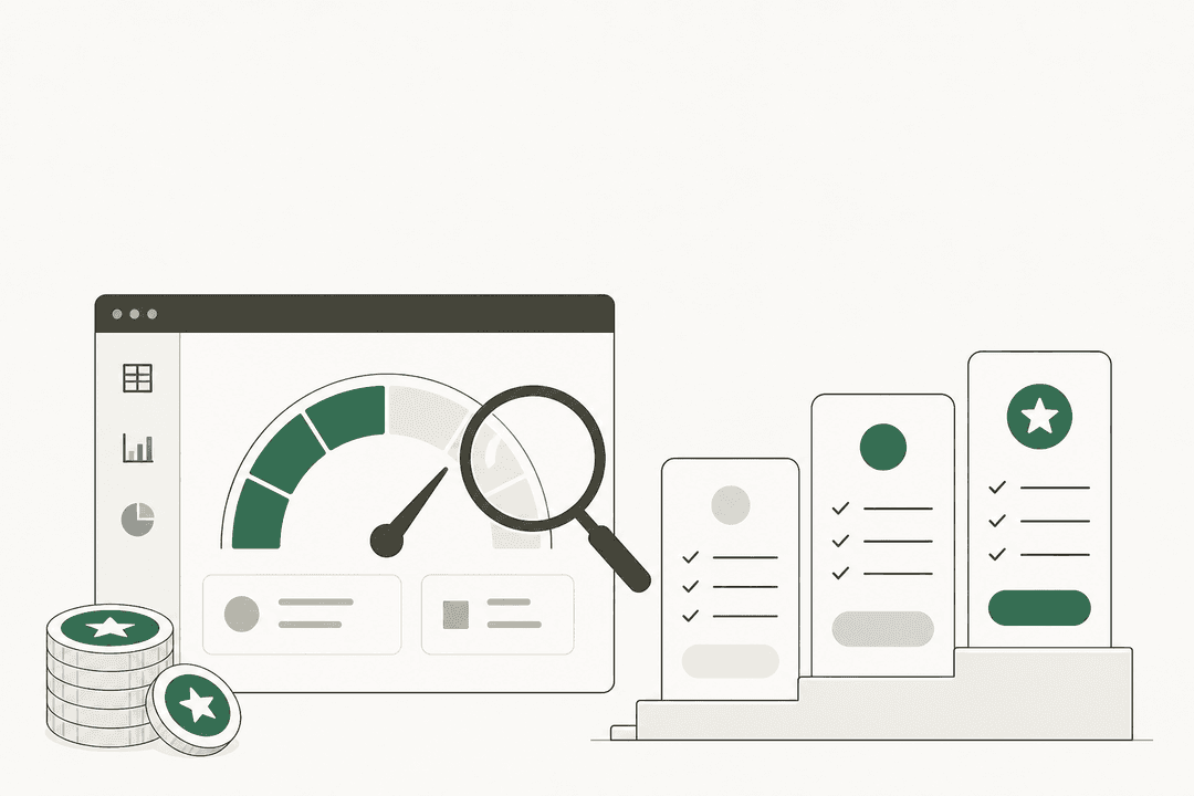 Illustration of a subscription pricing dashboard with a credit meter, coin tokens, and three tiered plan cards.