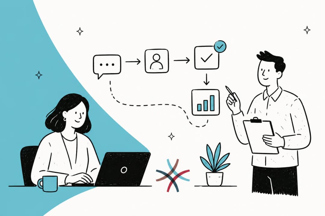 Illustration of a service team working through tickets, in OTRS teal