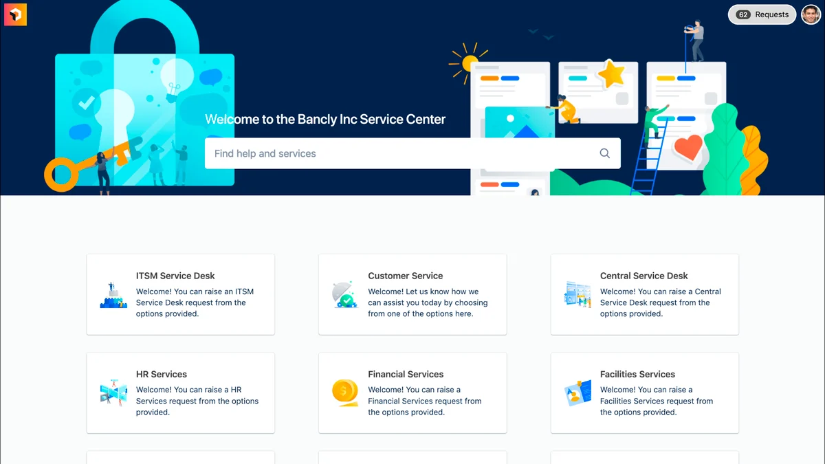 The Jira Service Management help center portal, where requesters search and raise requests