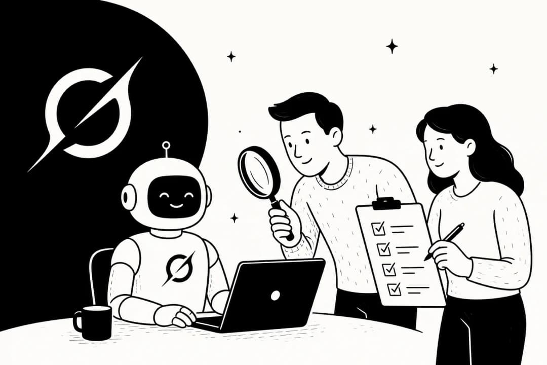 Illustration d'un coéquipier IA à un ordinateur portable examiné par deux collègues tenant une liste de contrôle et une loupe, avec le logo Grok à gauche