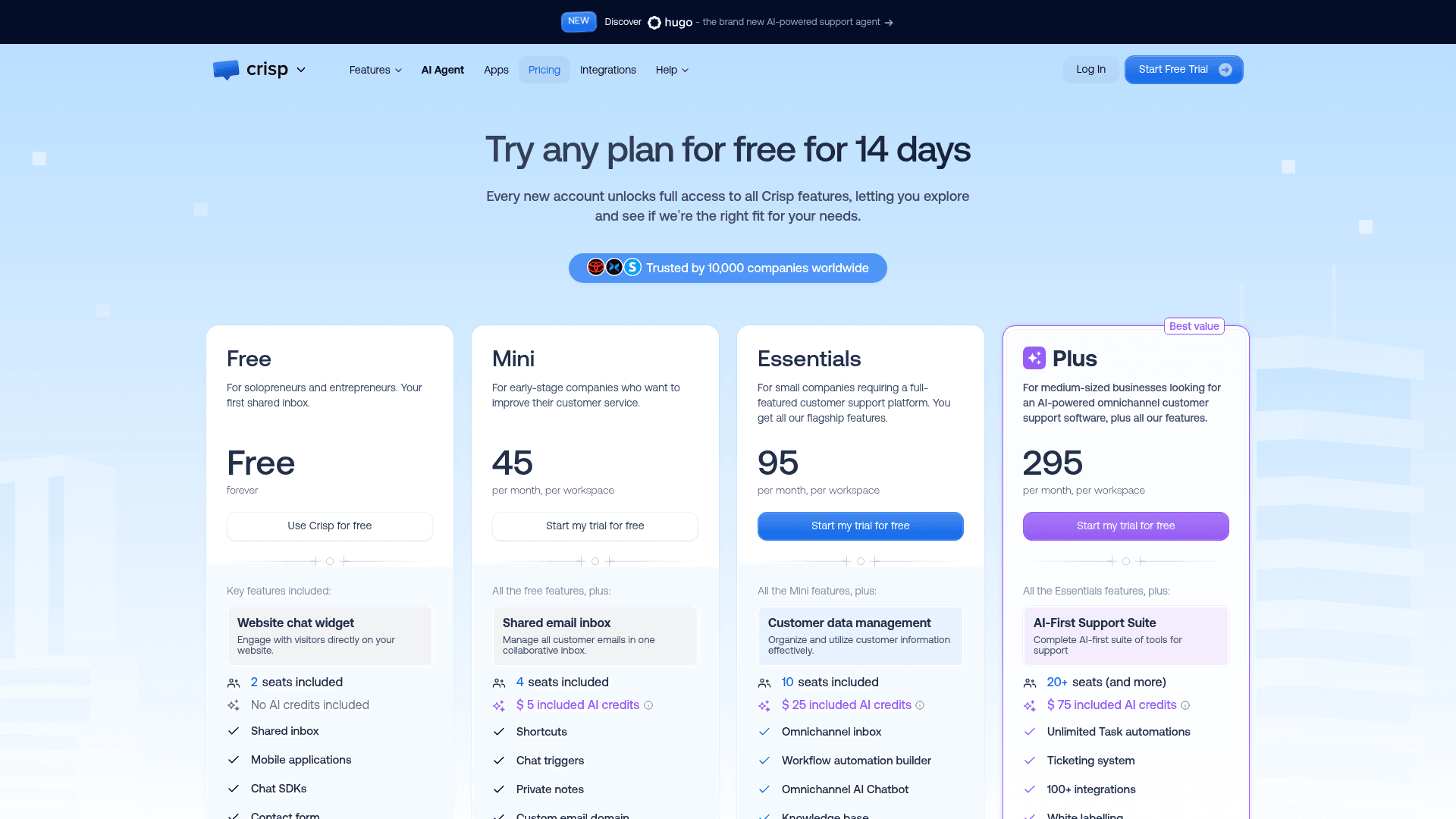Crisp's four pricing plans, Free, Mini, Essentials, and Plus, as shown on Crisp's pricing page.