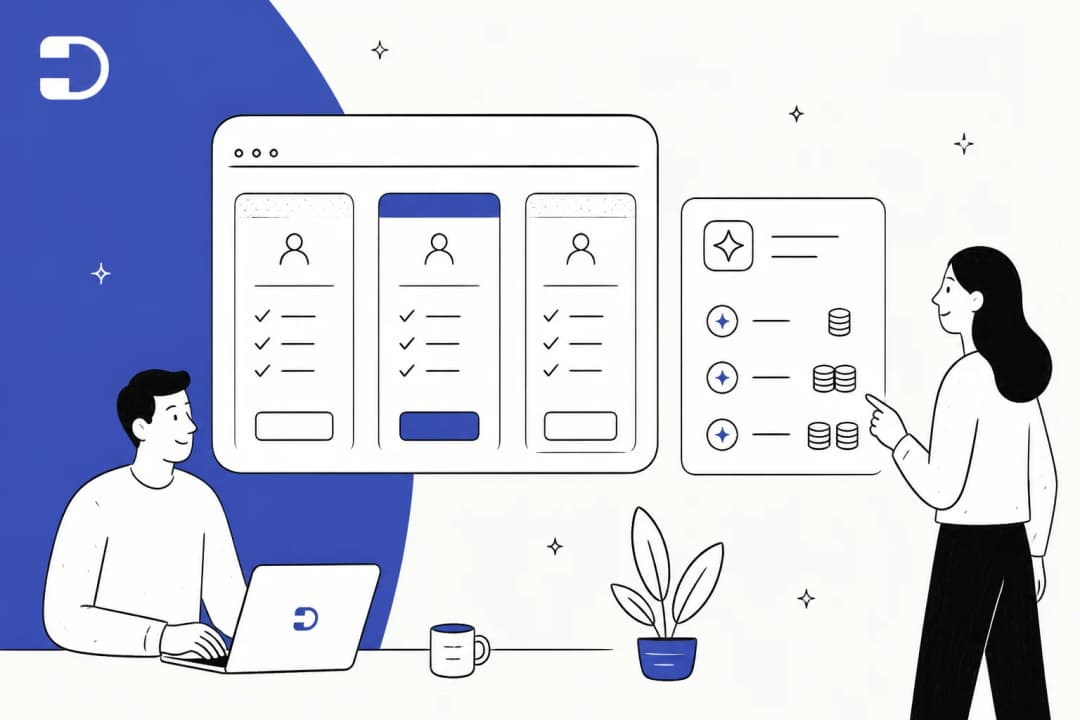Illustration of three helpdesk plan cards beside a separate card of stacked AI credit coins
