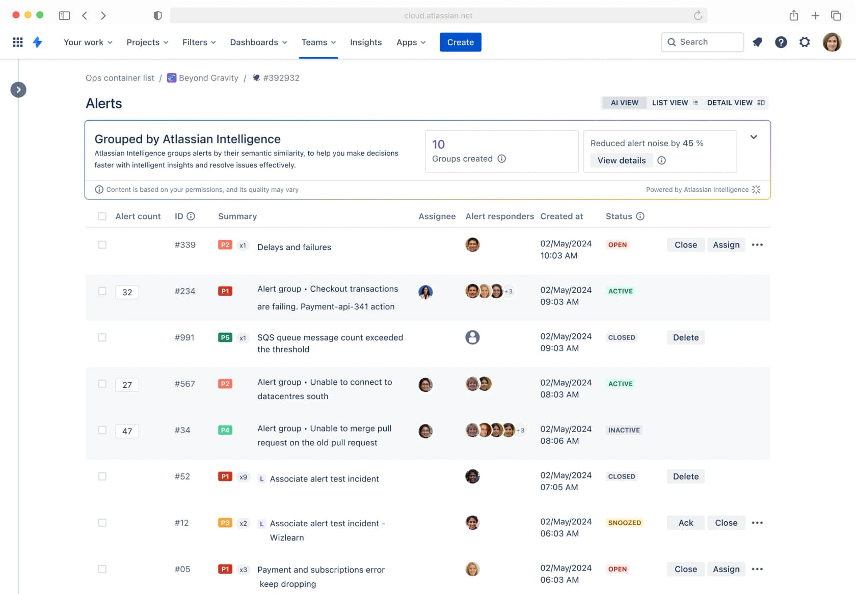 The AI view of the Jira Service Management alerts list, where Atlassian Intelligence has grouped alerts by semantic similarity into 10 groups and reports reduced alert noise, as taken from Atlassian's support docs