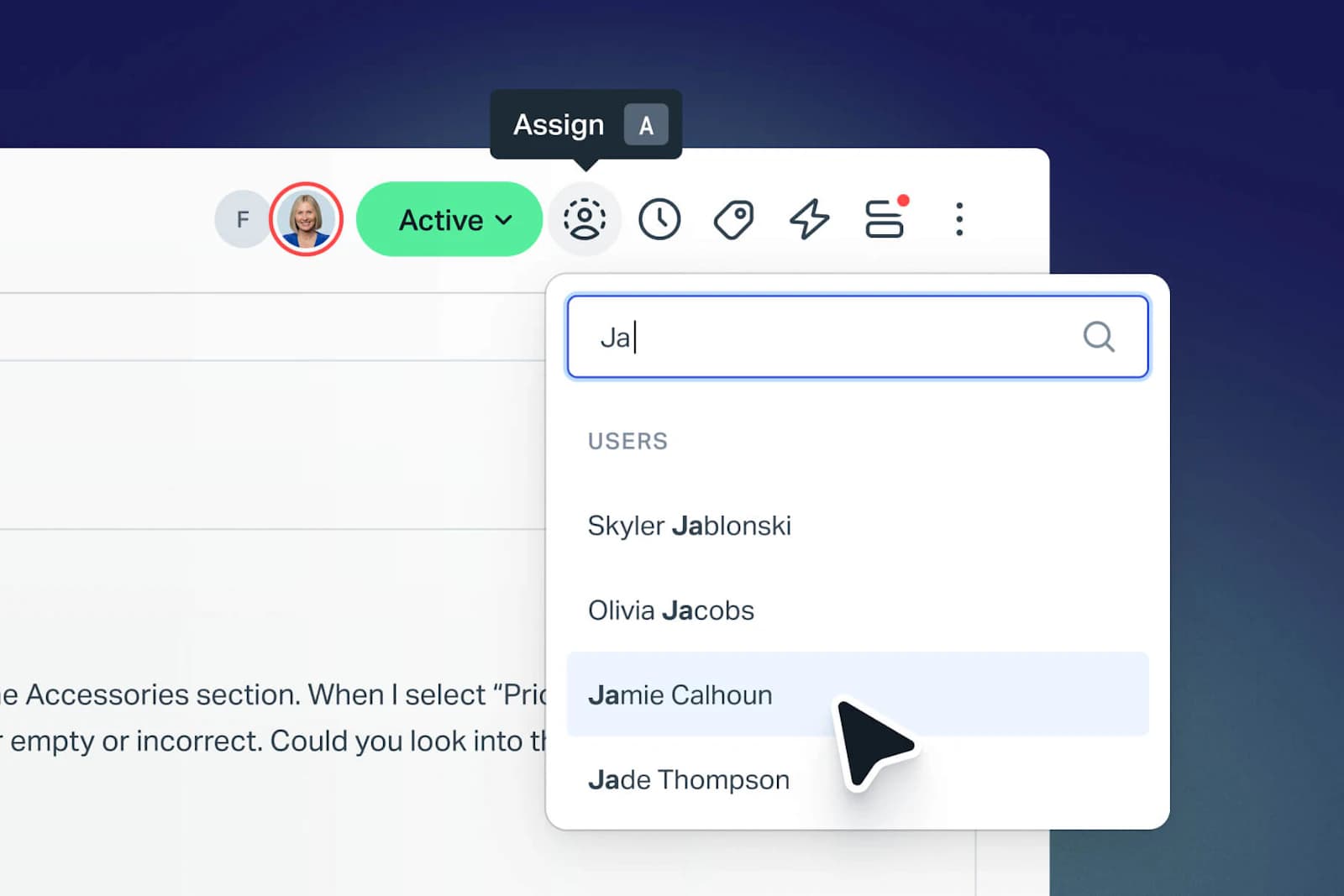 Help Scout inbox toolbar with the assign-to-teammate dropdown open on a conversation