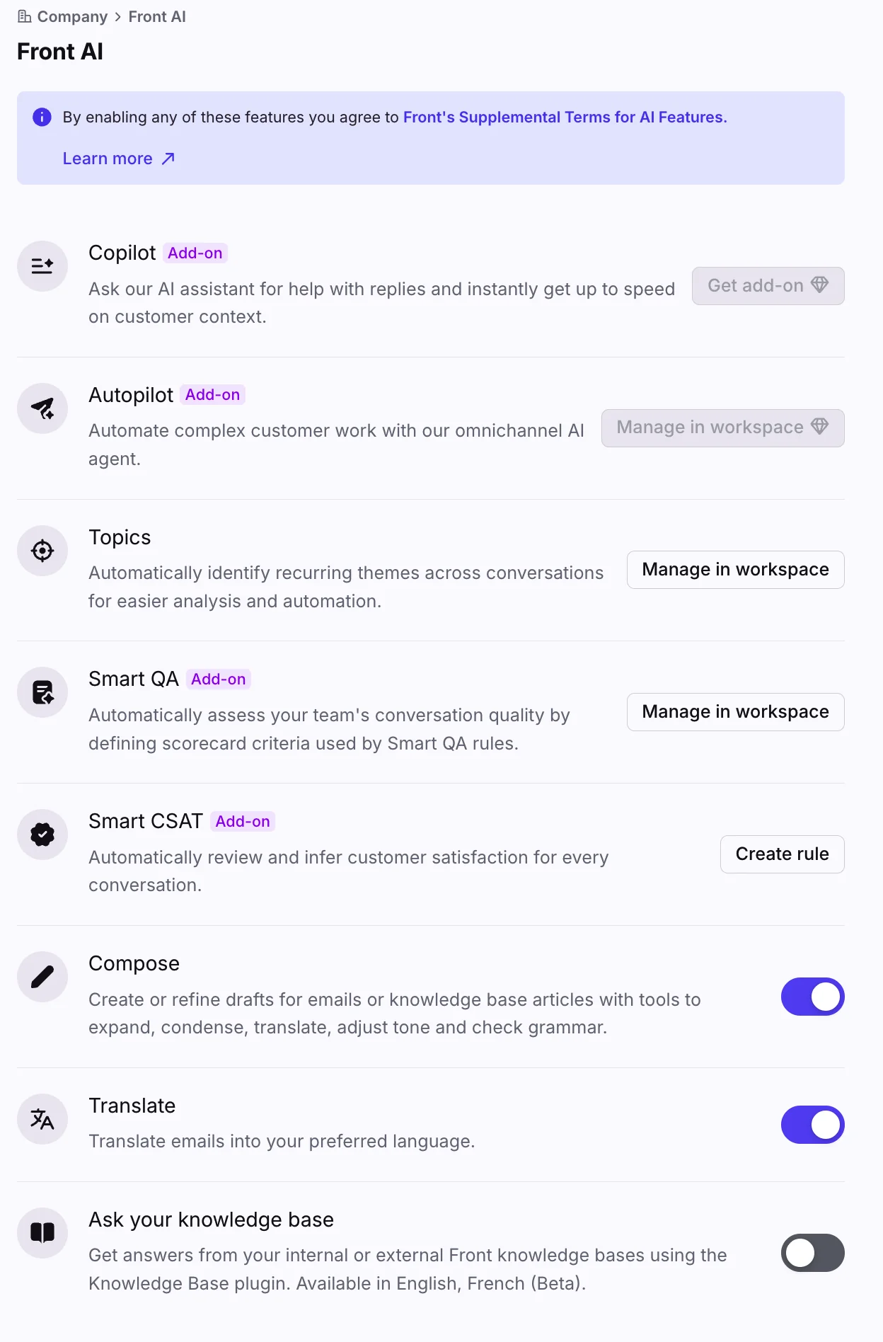 Front's AI company settings panel, as taken from Front's help center