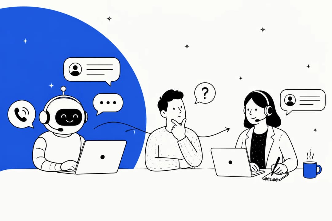 Hand-drawn illustration of an AI support bot with a headset answering a phone call and a chat, passing a puzzled customer's question along to a human support agent