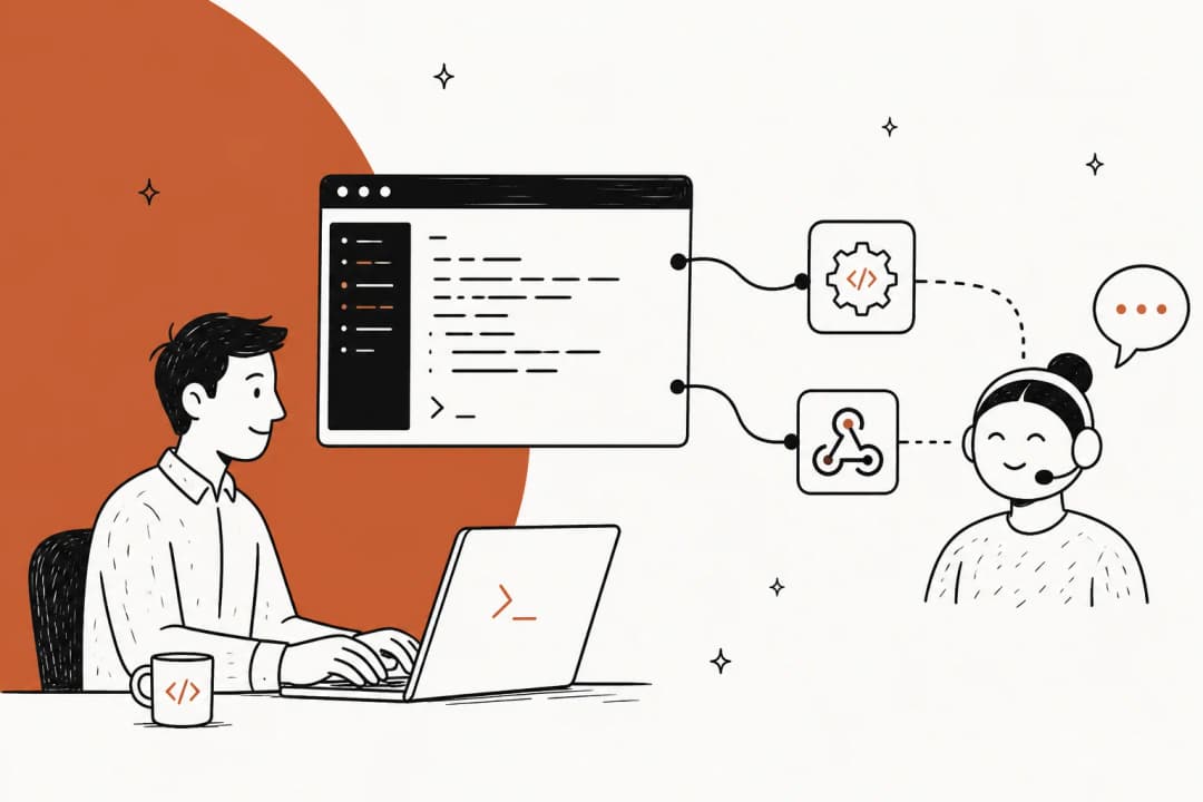 A developer at a terminal wiring code, an API connector, and a webhook into an AI support agent