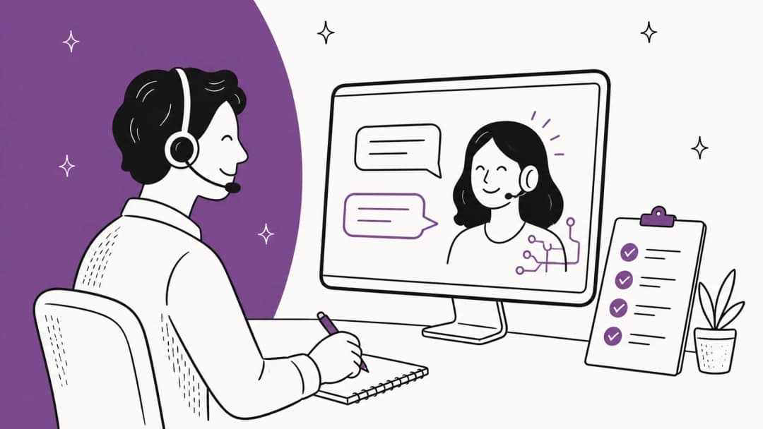 Hand-drawn illustration of a support agent with a headset practicing a chat with an AI customer on screen, with a scorecard of check marks beside the monitor