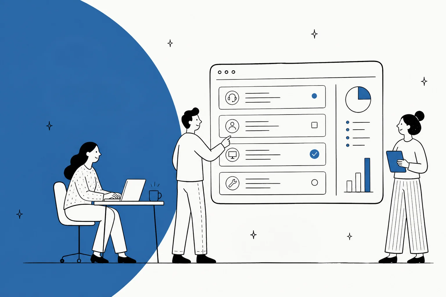 Illustration of an IT team reviewing a ticket queue and service desk dashboard