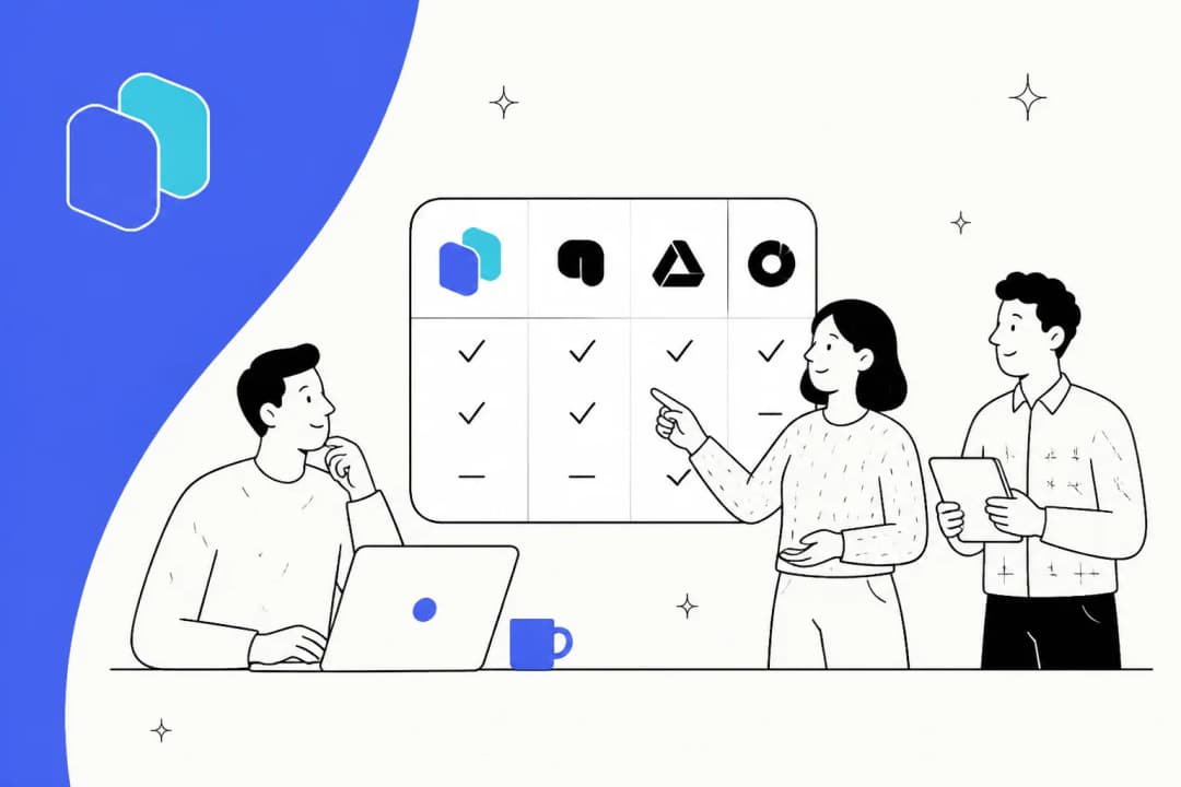 Illustration of an MSP team comparing service desk platforms on a wall chart