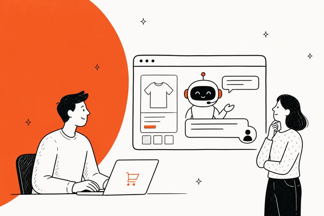 Illustrated banner for a guide on how to add AI customer support to a Magento Adobe Commerce store