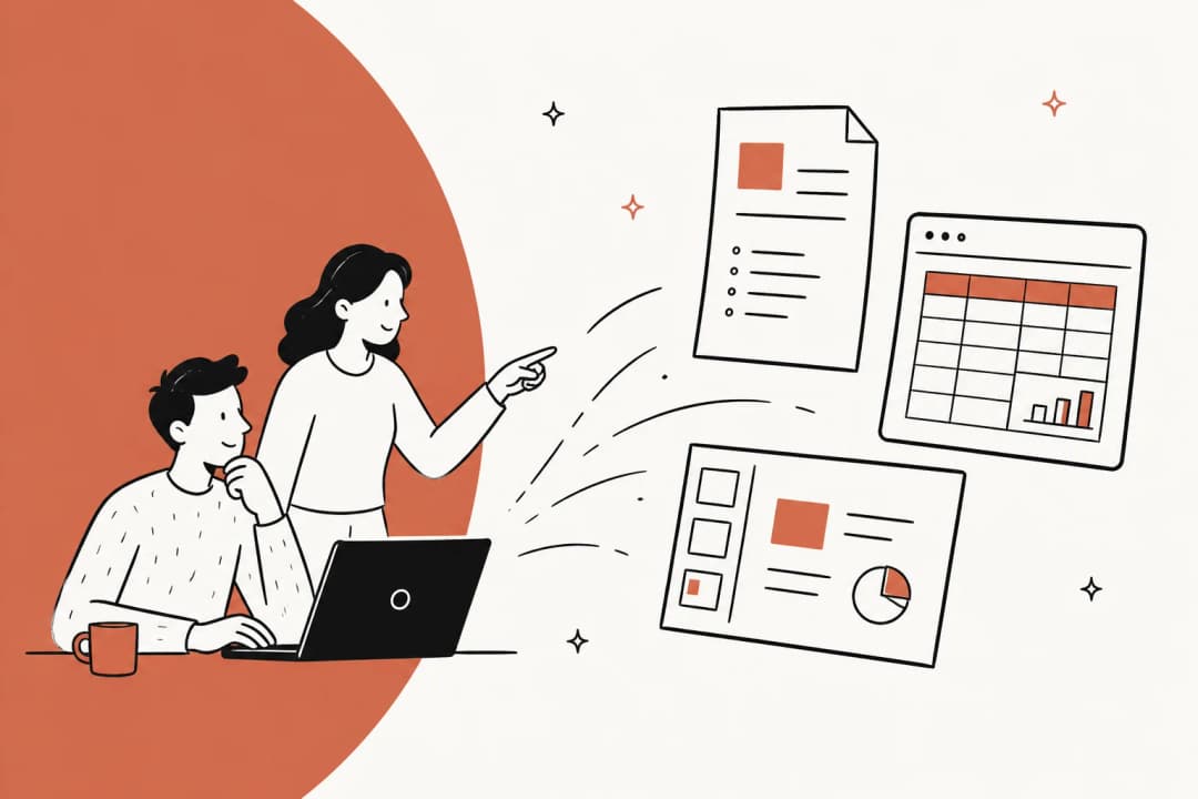 Two people at a laptop as documents, a spreadsheet and a slide deck are generated beside them
