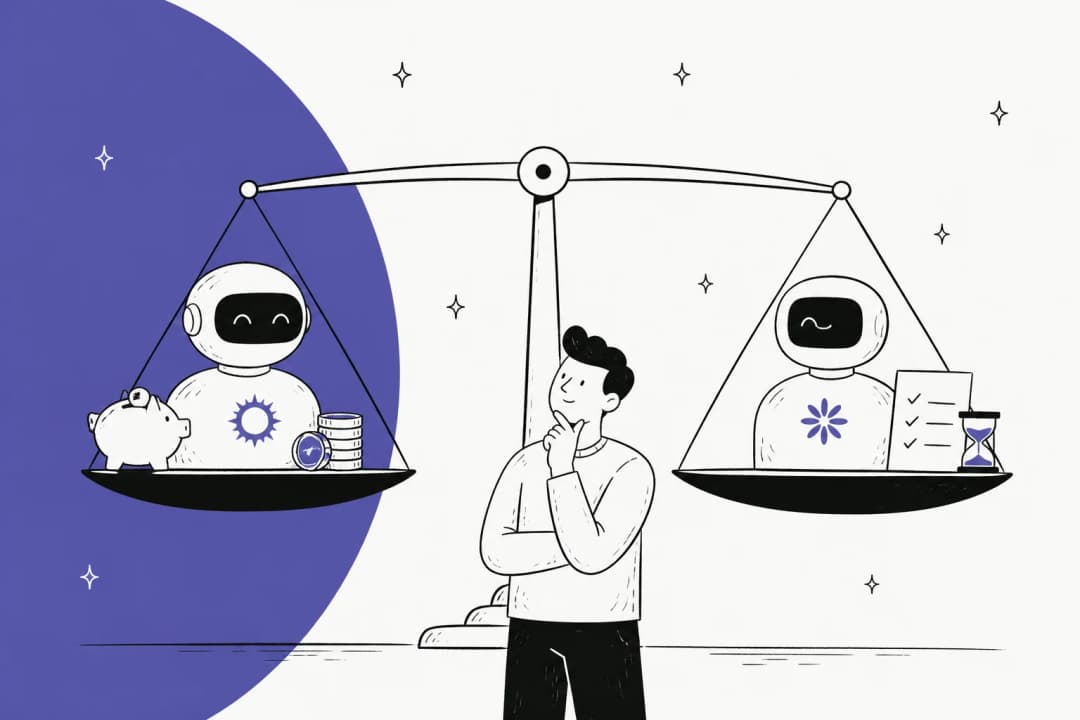 Hand-drawn illustration of two AI robots on a balance scale, one with a piggy bank and coins, the other with a checklist and hourglass, while a person weighs them up