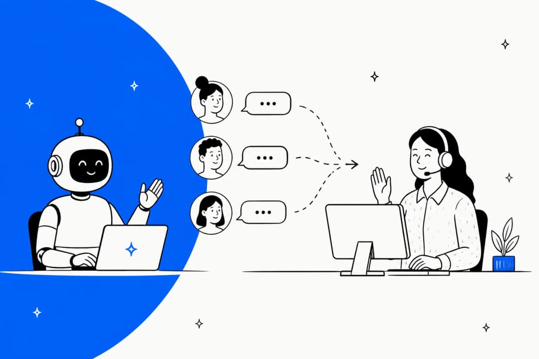 Hand-drawn illustration of a friendly AI robot passing three shopper chats along dotted arrows to a smiling human support agent with a headset