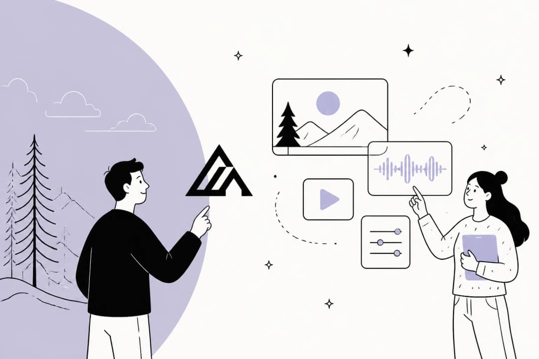Illustration of one model producing image, video and audio panels, representing FLUX 3 from Black Forest Labs