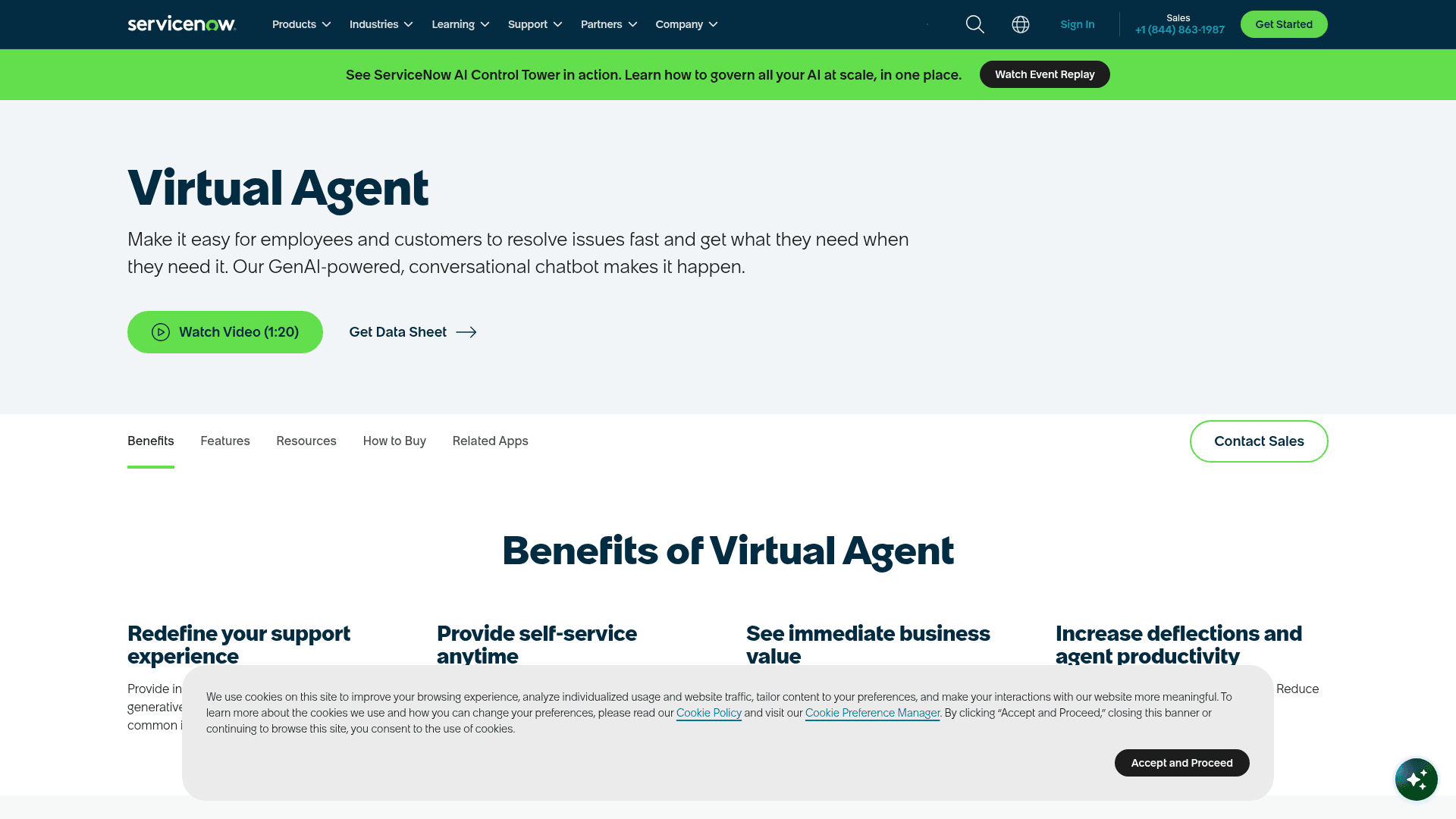 The ServiceNow Virtual Agent product page describing its GenAI-powered conversational chatbot, as shown on ServiceNow