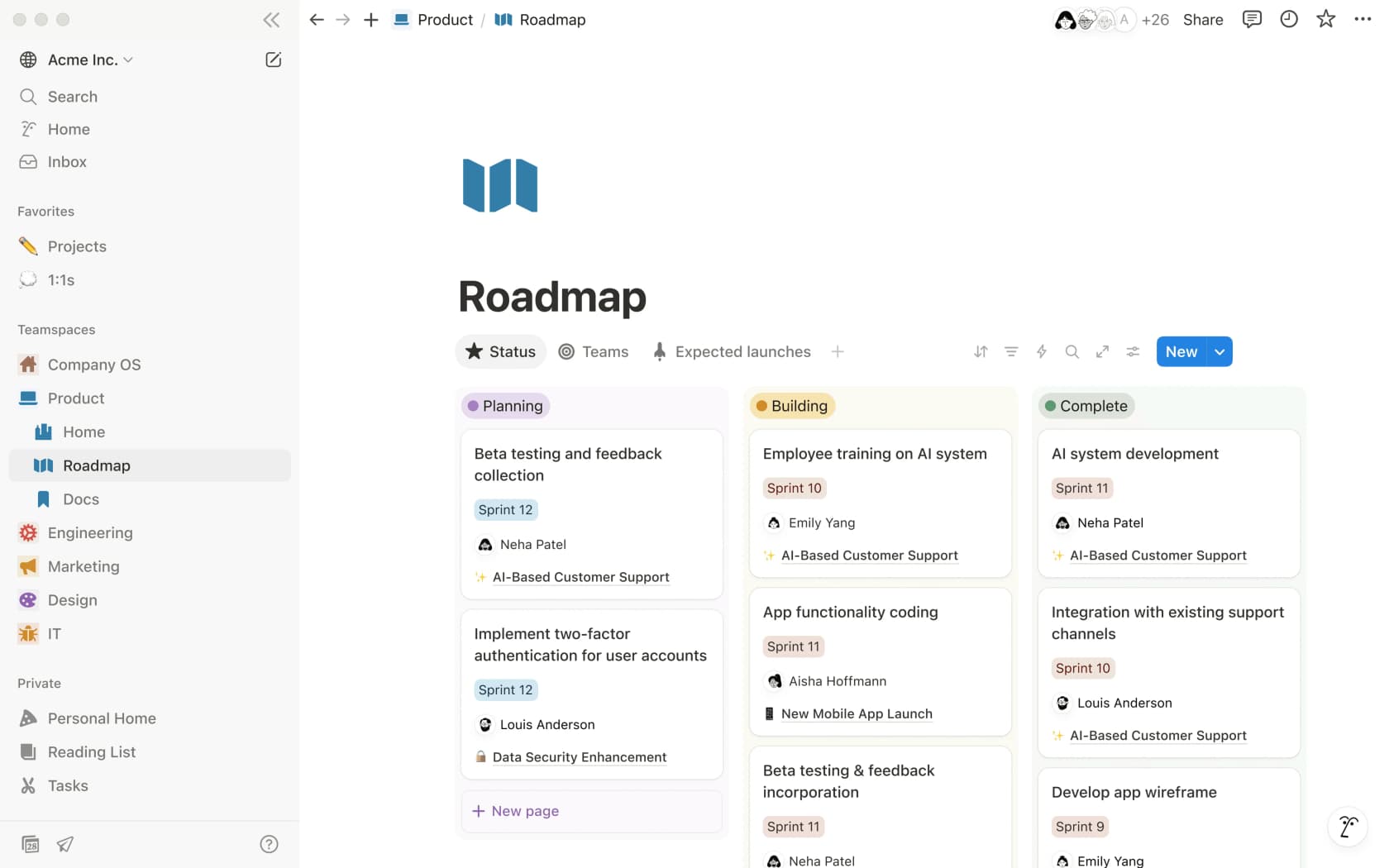 An Acme Inc company wiki in Notion showing hierarchical page structure and navigation sidebar