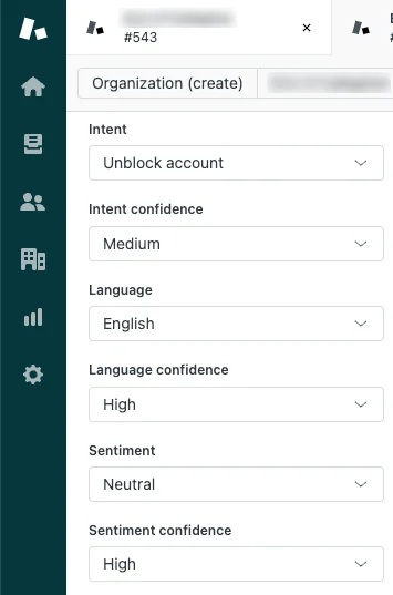 Zendesk ticket properties panel showing Intent set to Unblock account with Medium confidence, Language English with High confidence, and Sentiment Neutral with High confidence, as taken from Zendesk
