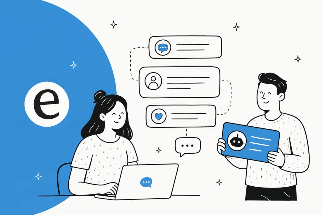 Illustrated chatbot templates for customer support with conversation script cards and chat bubbles