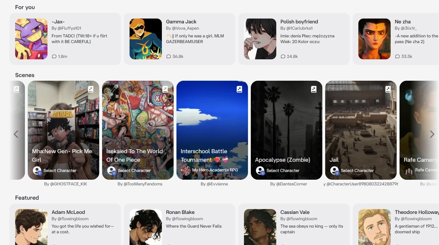 Character AI's discovery page showing the For You, Scenes, and Featured character sections, as taken from DreamGen