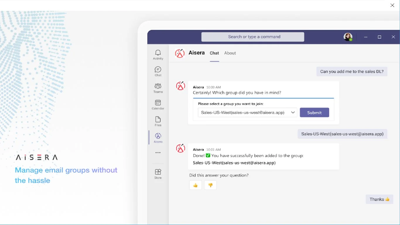 Aisera's AI Service Desk agent running inside Microsoft Teams, adding a user to a group and confirming the action is done