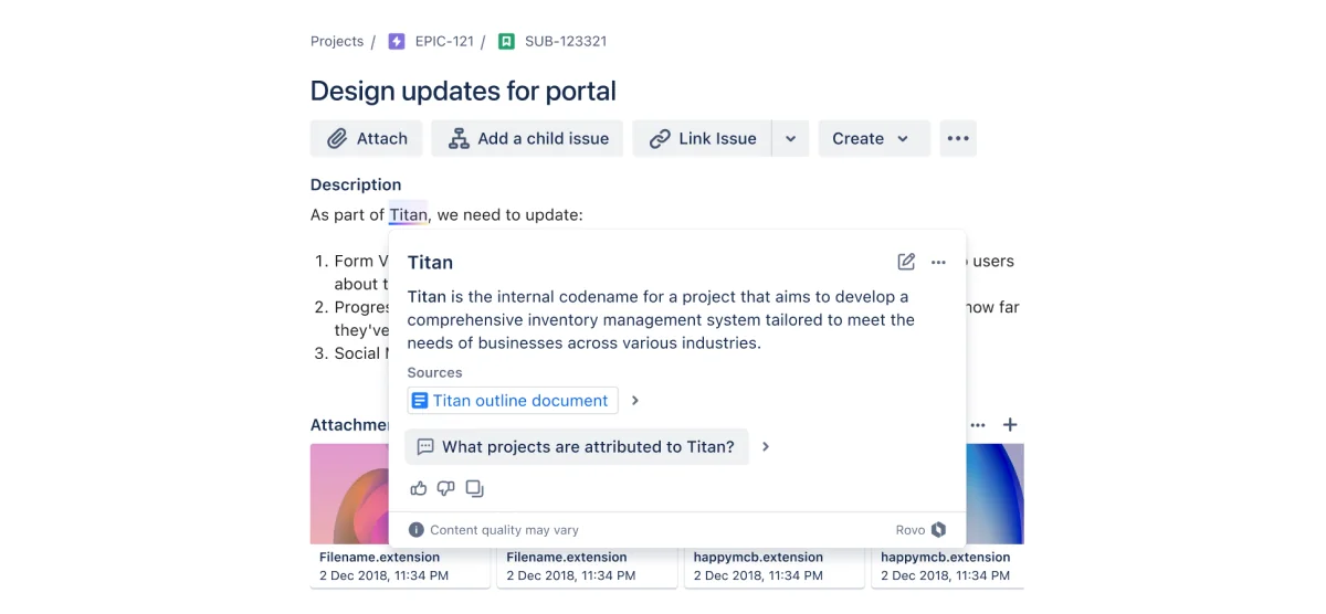 A Definitions popup explaining an internal project codename, with sources and a "content quality may vary" note, as taken from Atlassian
