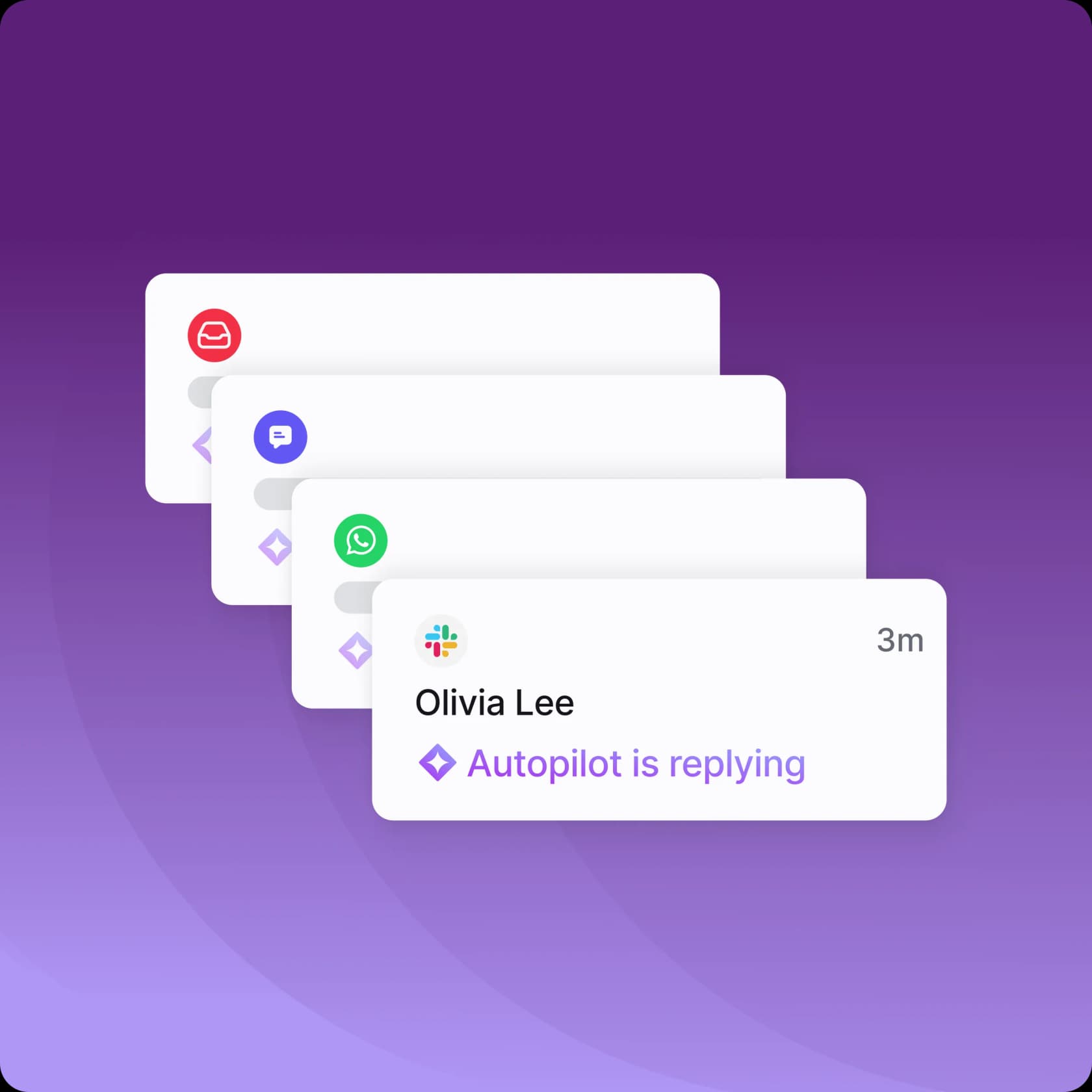 Front's "Autopilot is replying" indicator across email, chat, WhatsApp and Slack channels, as shown on Front's Autopilot product page