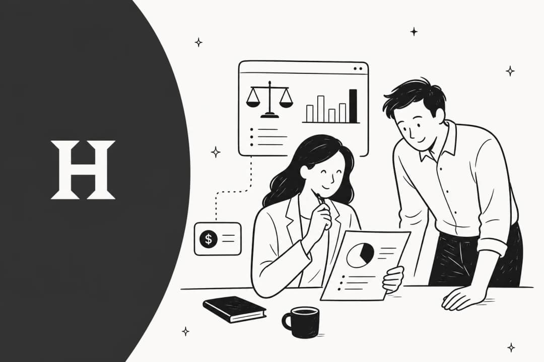 Editorial illustration of a legal AI pricing breakdown for Harvey AI