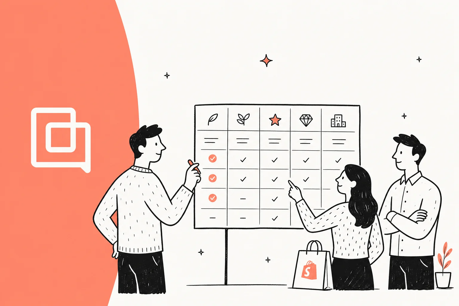 Gorgias plans comparison hero illustration showing five pricing tiers for ecommerce support teams