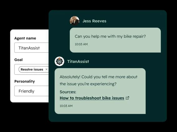 Customer agent replying in chat with a cited knowledge base source, as taken from HubSpot