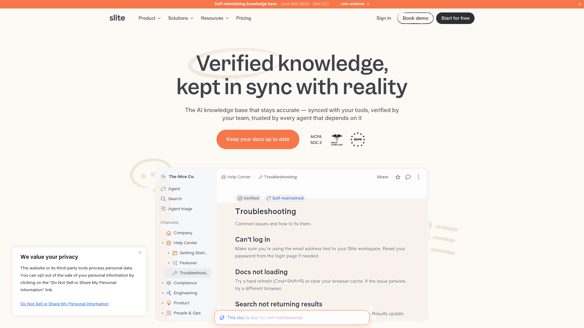 Slite homepage showing the self-maintaining knowledge base interface with AI Ask and doc verification workflow