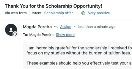 Zendesk ticket header showing a 'Scholarship offer' intent label and a 'Very positive' sentiment badge, as taken from Zendesk