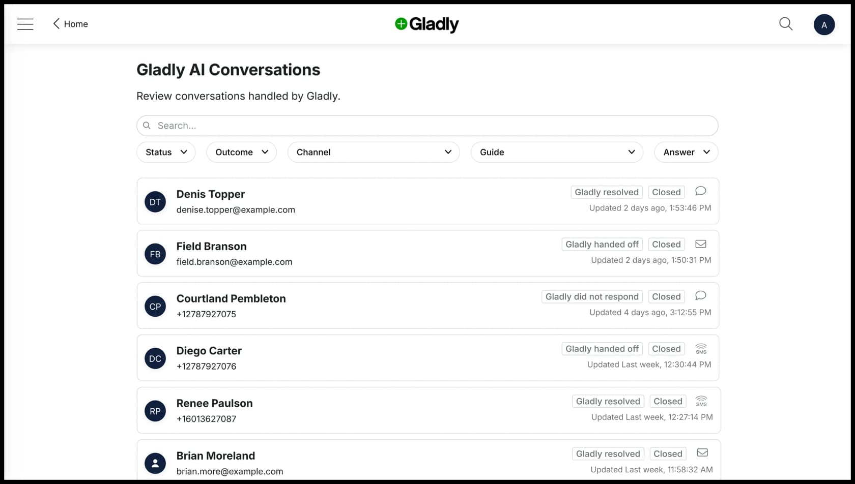 Gladly AI Conversations dashboard showing outcomes like "Gladly resolved", "Gladly handed off", and "Gladly did not respond", as shown in Gladly's help docs